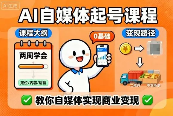 AI自媒体起号课程封面,展示两周学会AI短视频变现全链路