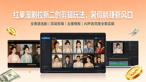 红果短剧分销拉新:多题材选剧+双端剪辑+去重配音克隆+选片注册 变现全套【2.4GB】